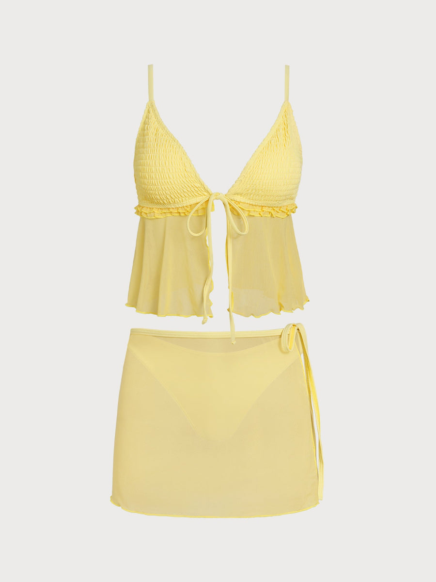 Yellow Ruffle Shirred Tankini Three-Piece Set