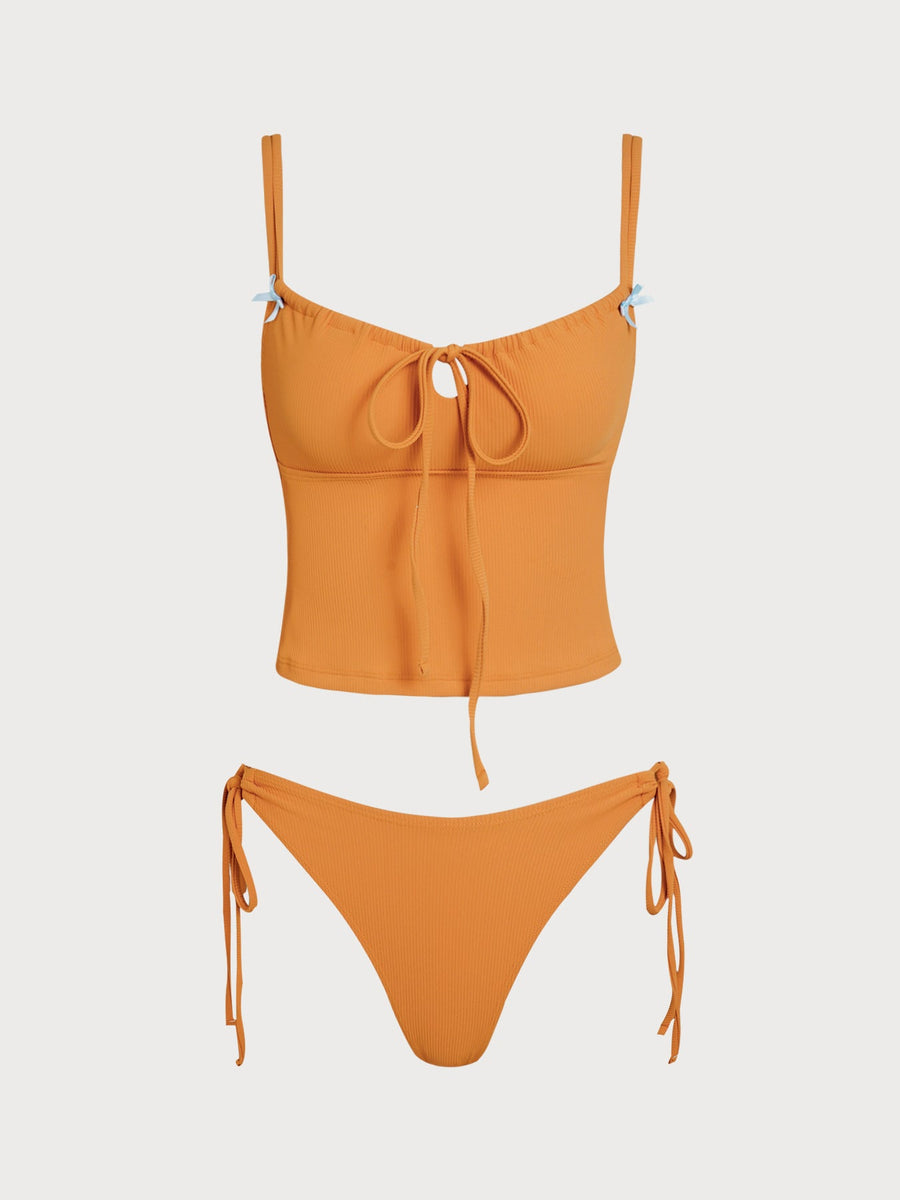 Orange Striped Tie Front Tankini Set