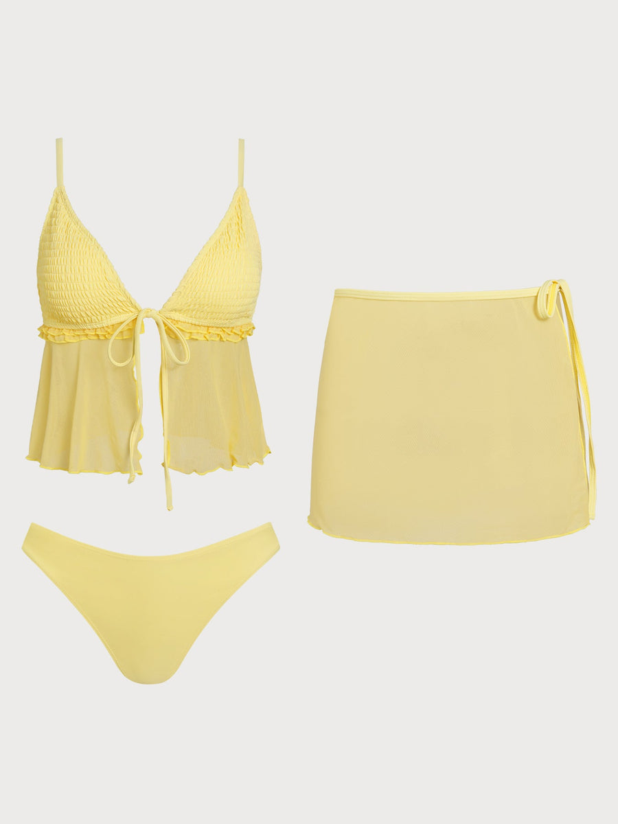 Yellow Ruffle Shirred Tankini Three-Piece Set