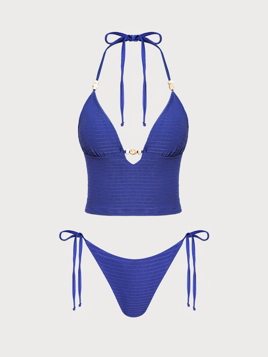 Blue Striped Beaded Trim Tankini Set