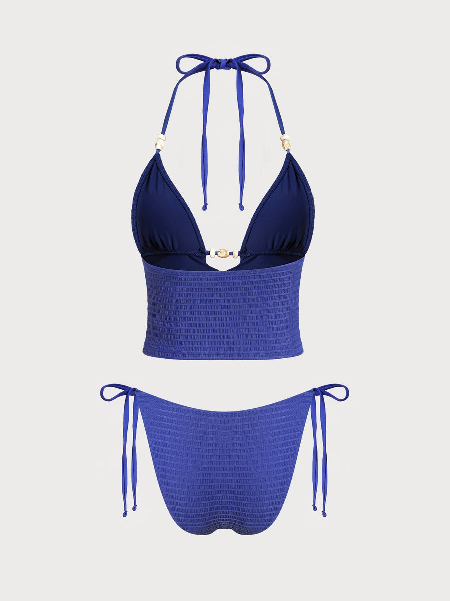Blue Striped Beaded Trim Tankini Set