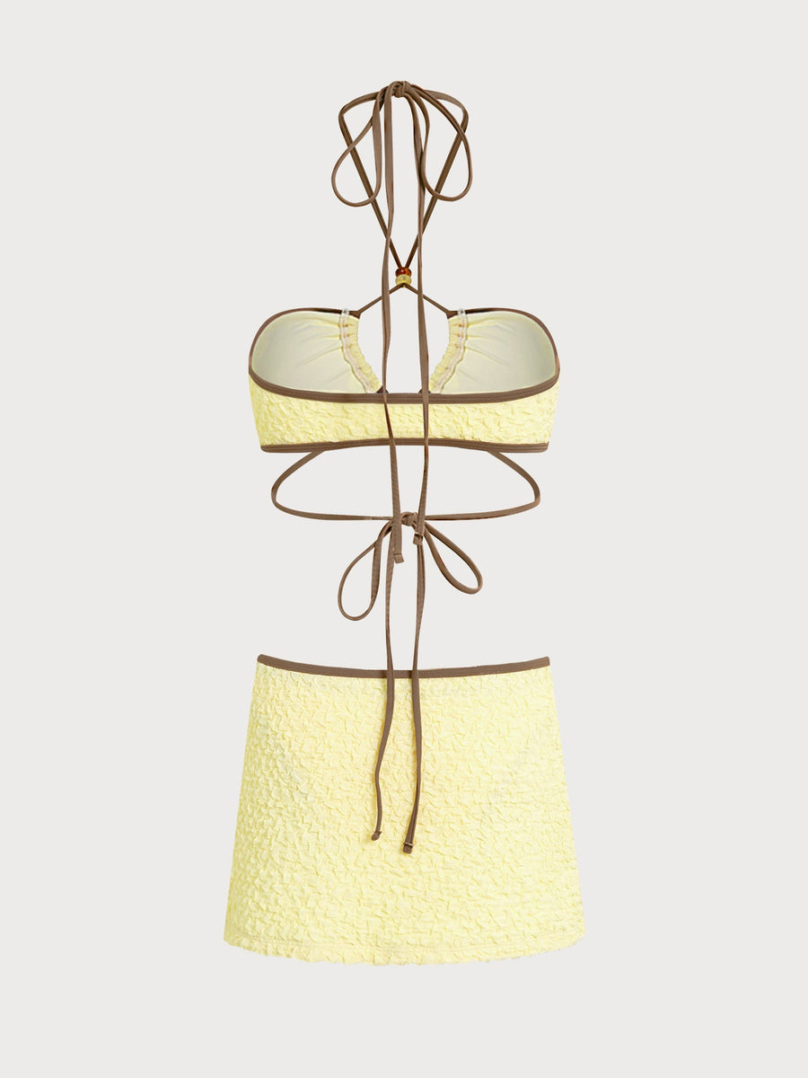 Yellow Bubblegum Contrast Beaded Bikini Three-Piece Set
