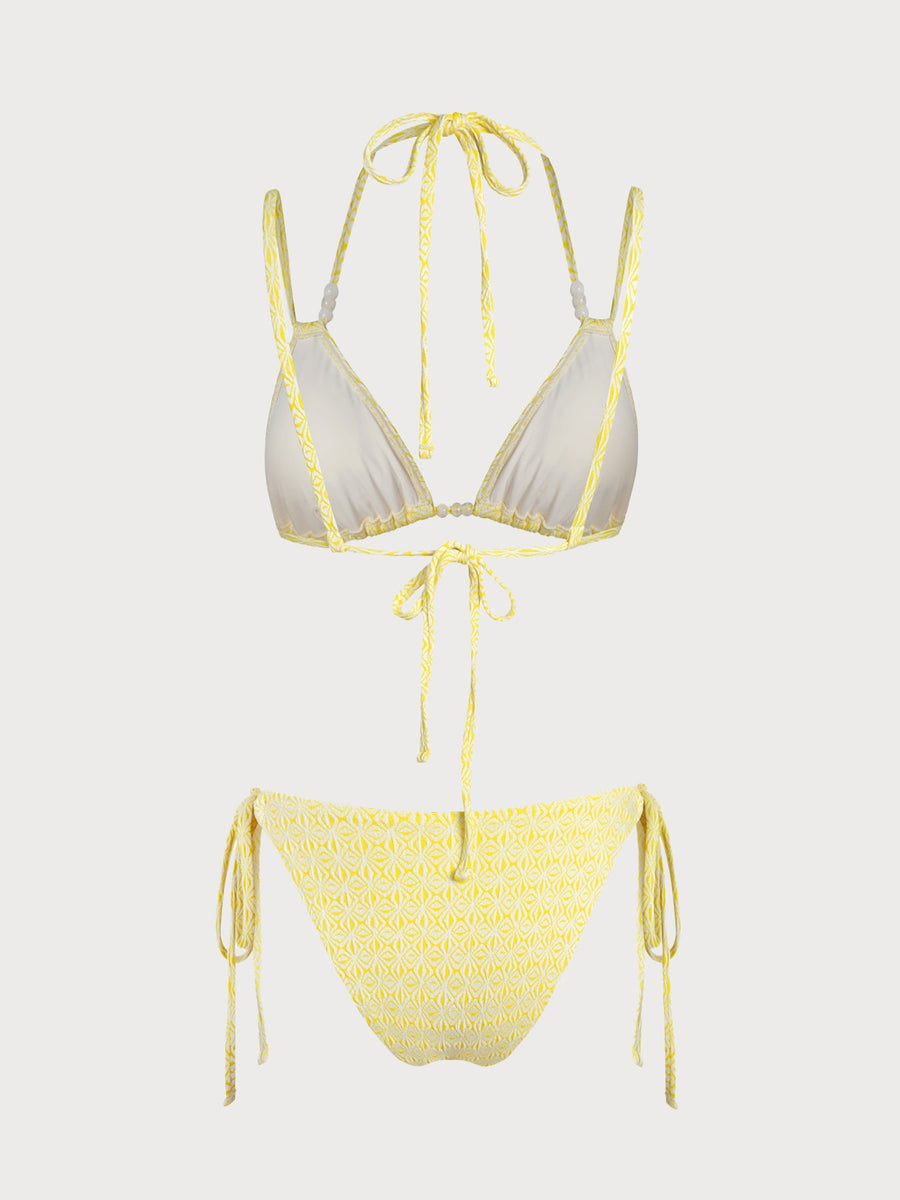 Yellow Floral Ruched Beaded Bikini Set