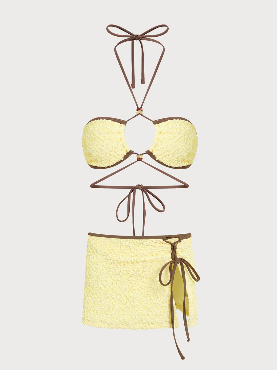 Yellow Bubblegum Contrast Beaded Bikini Three-Piece Set