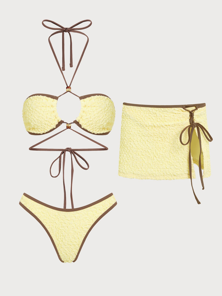 Yellow Bubblegum Contrast Beaded Bikini Three-Piece Set