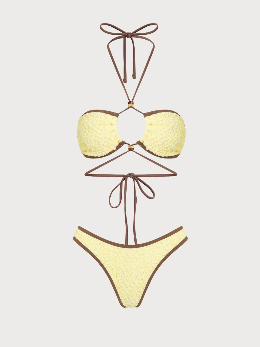 Yellow Bubblegum Contrast Beaded Bikini Three-Piece Set