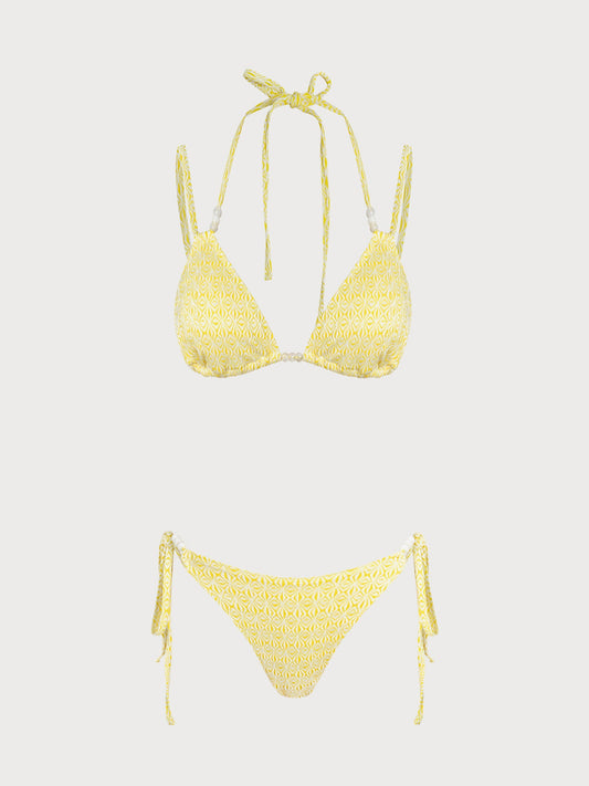 Yellow Floral Ruched Beaded Bikini Set