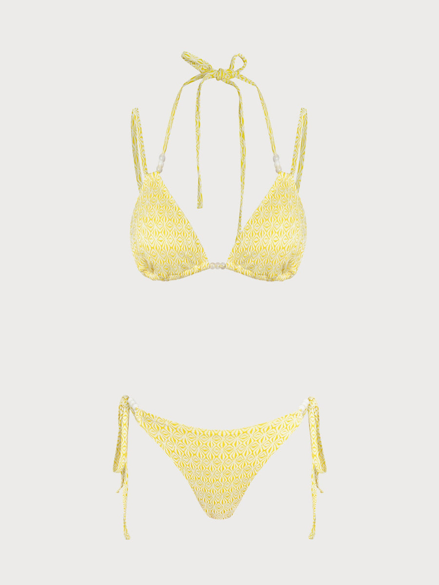 Yellow Floral Ruched Beaded Bikini Set