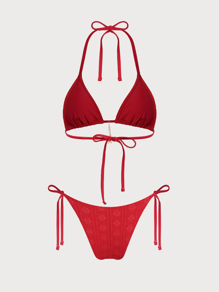 Red Floral Textured Star Bikini Set