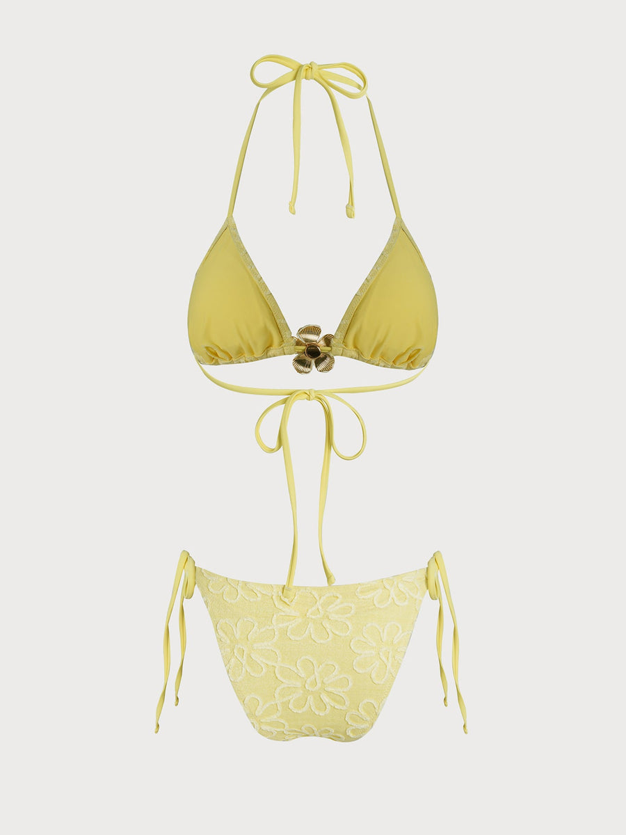Yellow Ruched Flower Bikini Set