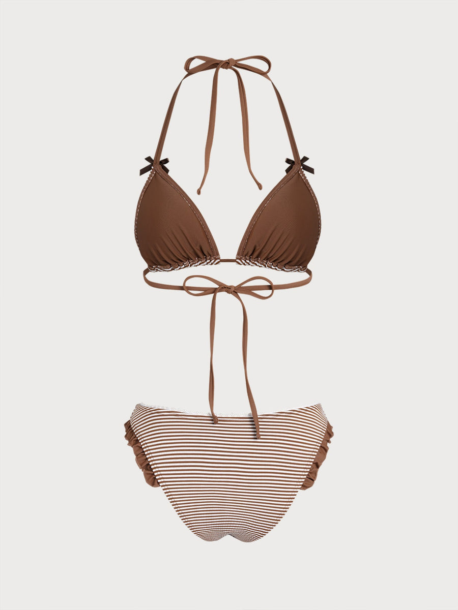 Brown Striped Ruffle Bikini Set