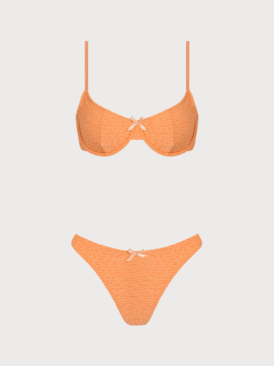 Orange Bowknot Textured Bikini Set