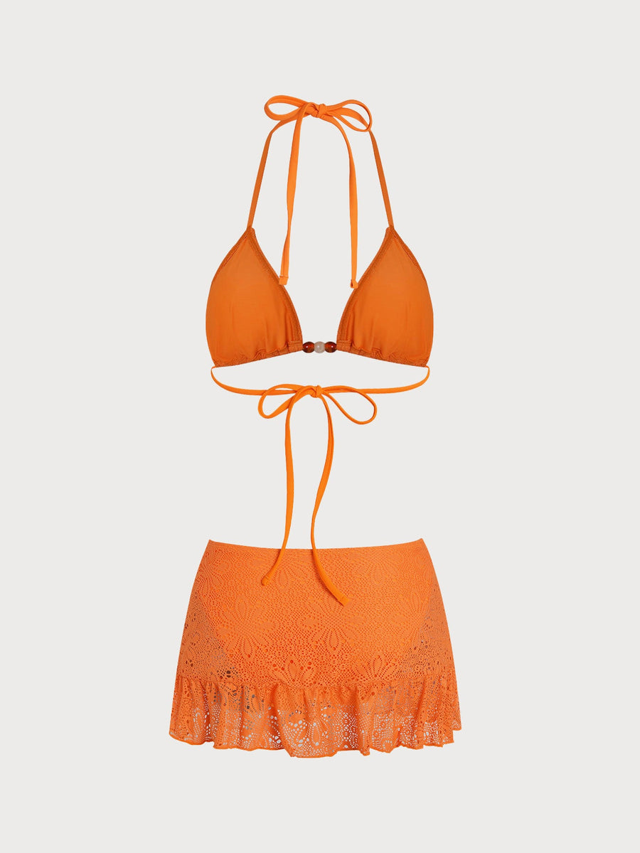 Orange Beaded Floral Skirted Bikini Set