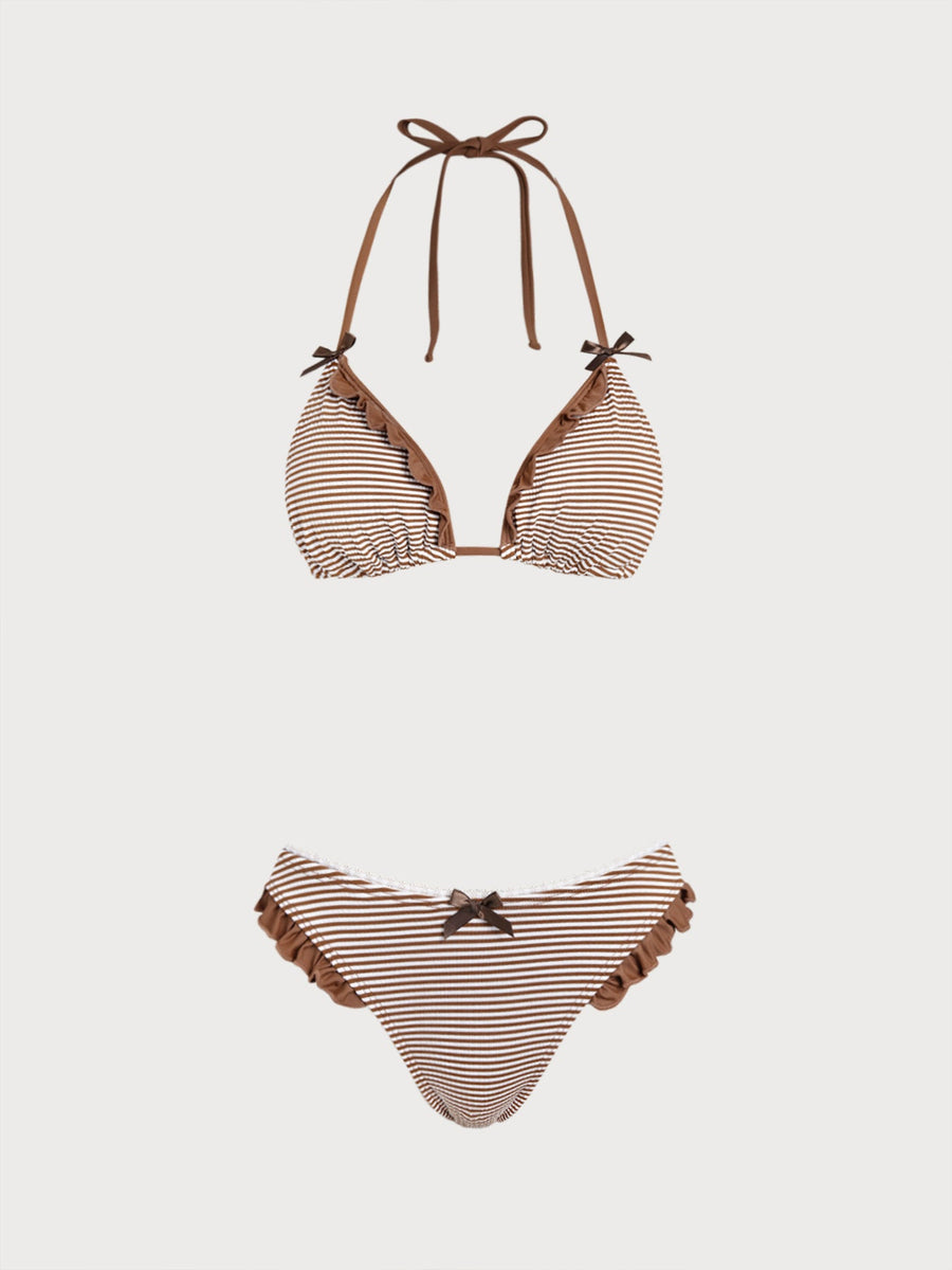 Brown Striped Ruffle Bikini Set