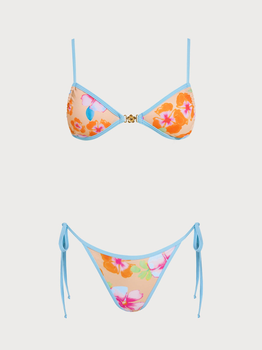 Light Orange Floral Contrast Bikini Set