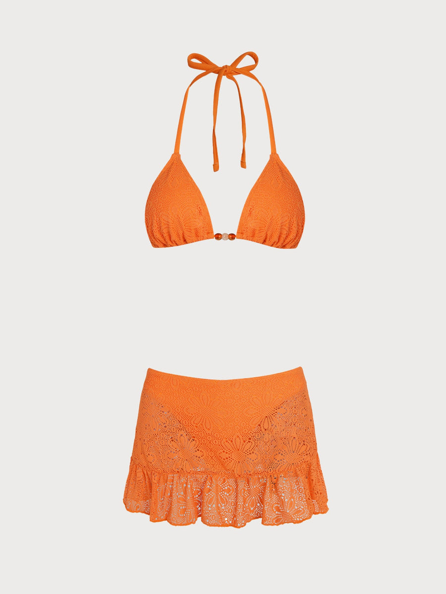 Orange Beaded Floral Skirted Bikini Set