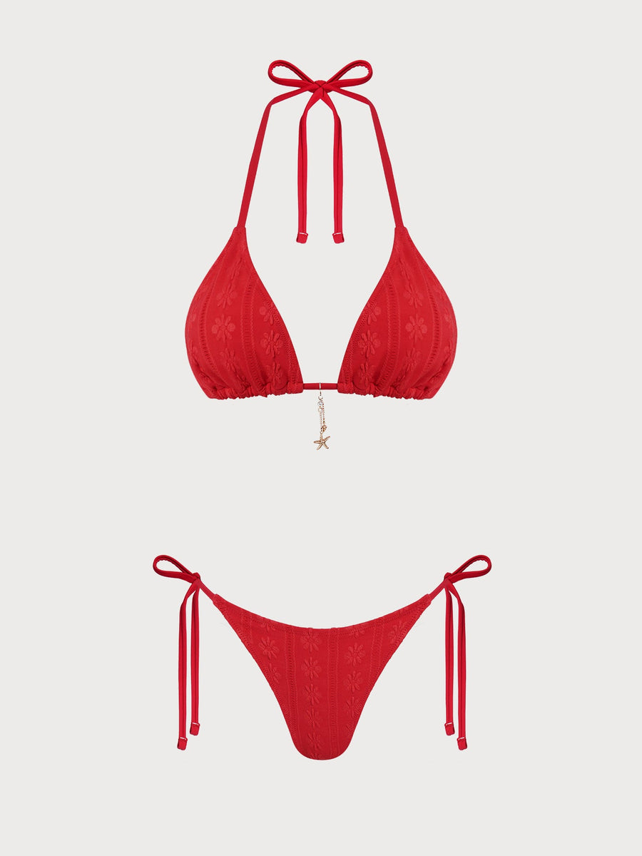 Red Floral Textured Star Bikini Set