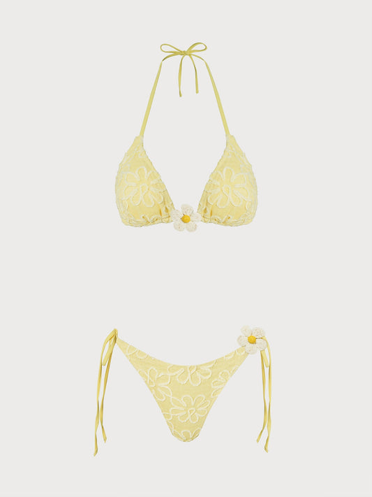Yellow Ruched Flower Bikini Set