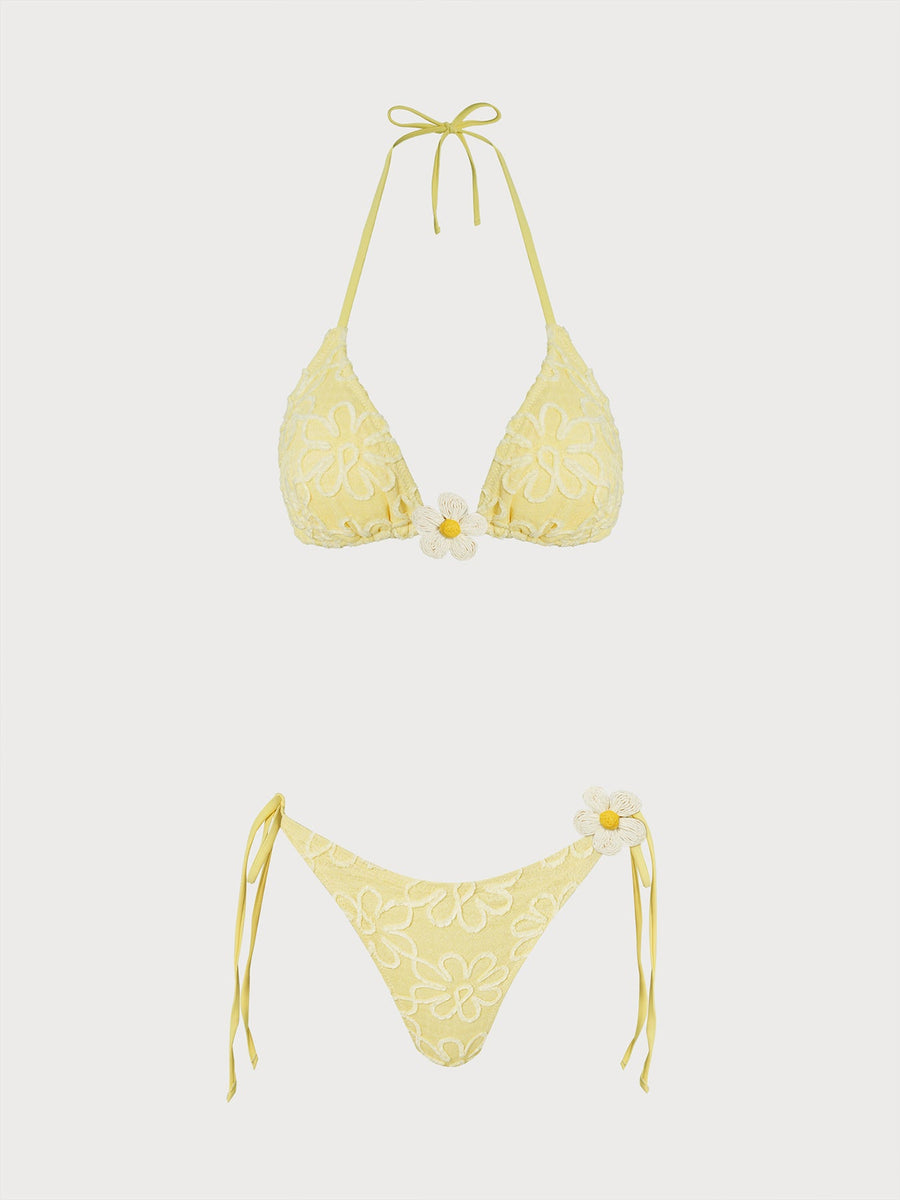 Yellow Ruched Flower Bikini Set