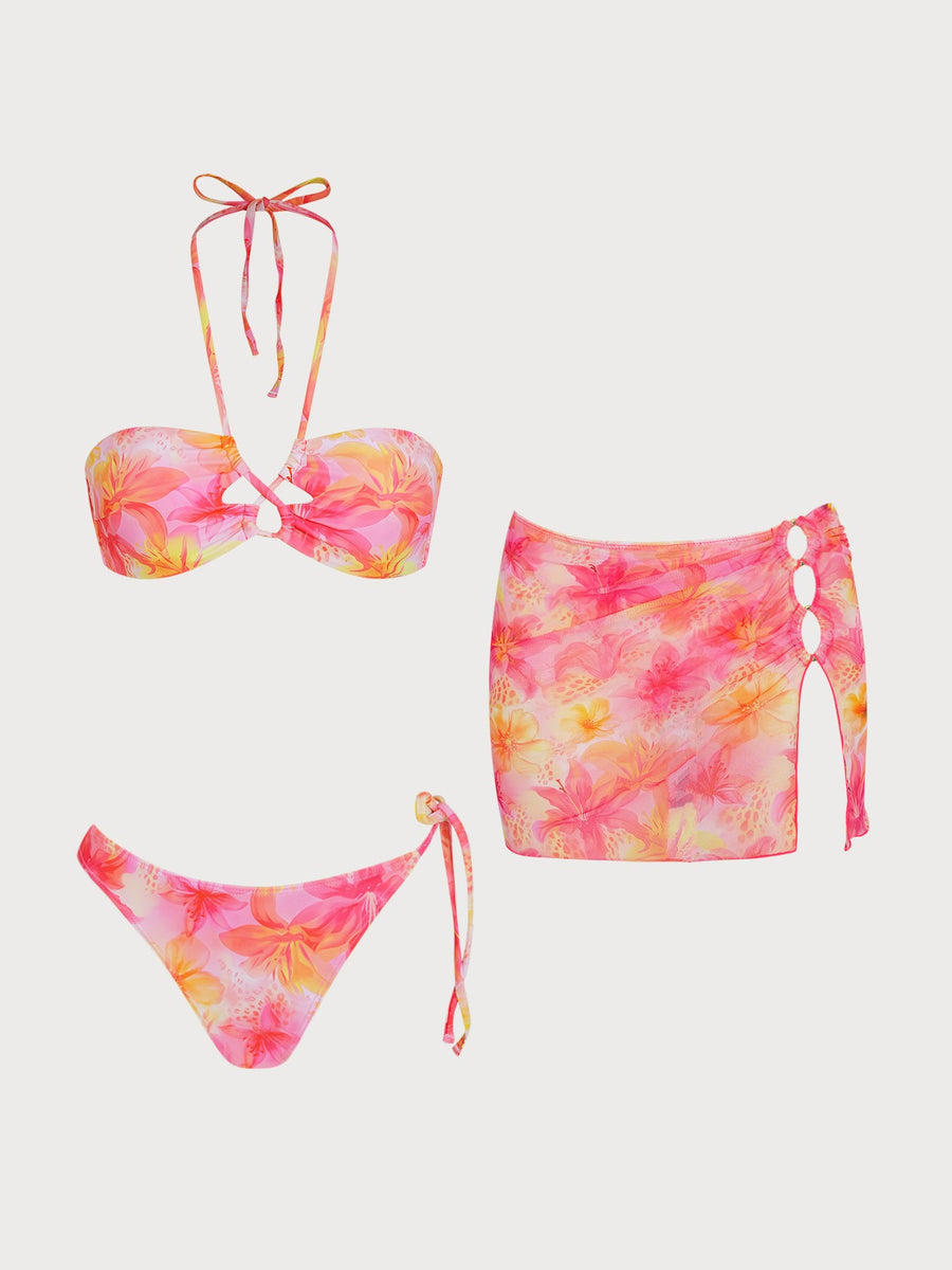 Pink O-Ring Floral Bikini Three-Piece Set