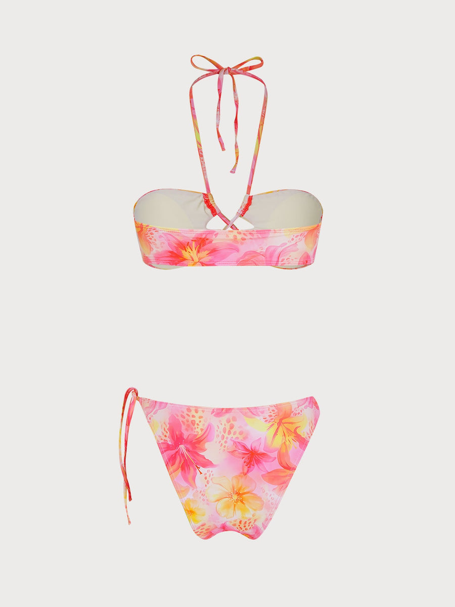 Pink O-Ring Floral Bikini Three-Piece Set