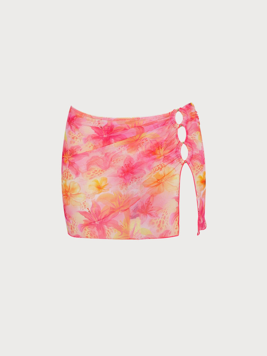 Pink O-Ring Floral Bikini Three-Piece Set