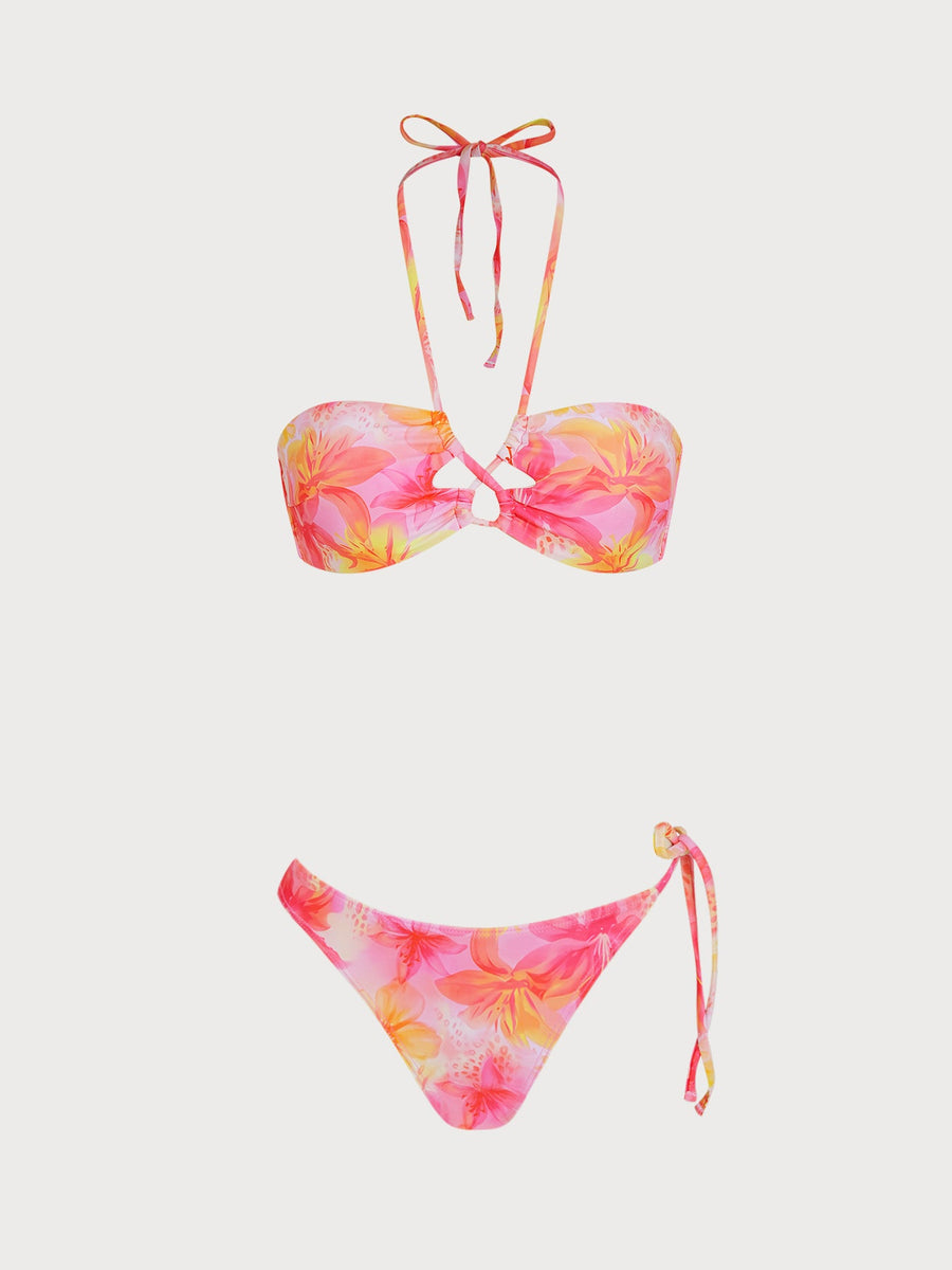 Pink O-Ring Floral Bikini Three-Piece Set