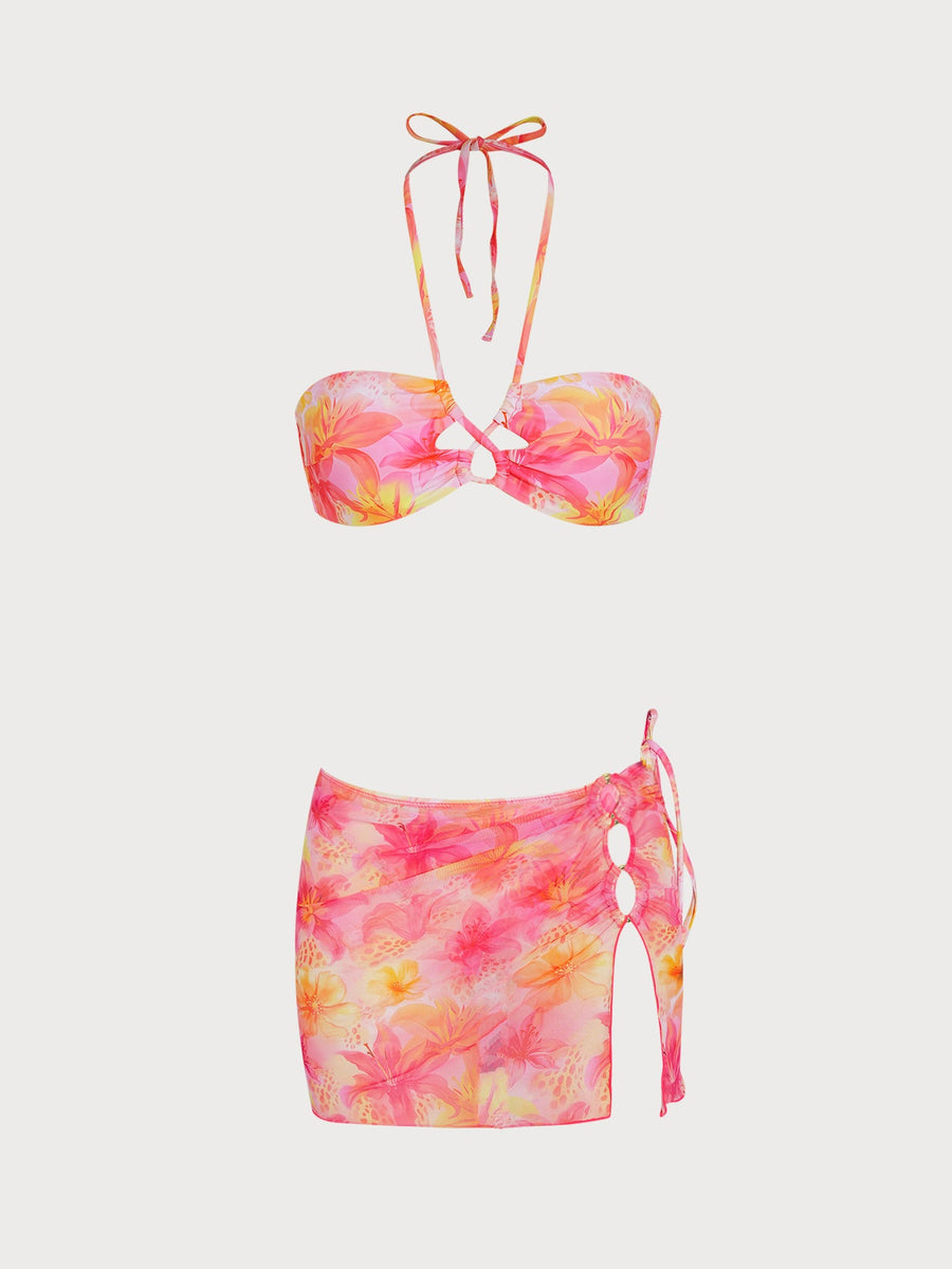 Pink O-Ring Floral Bikini Three-Piece Set