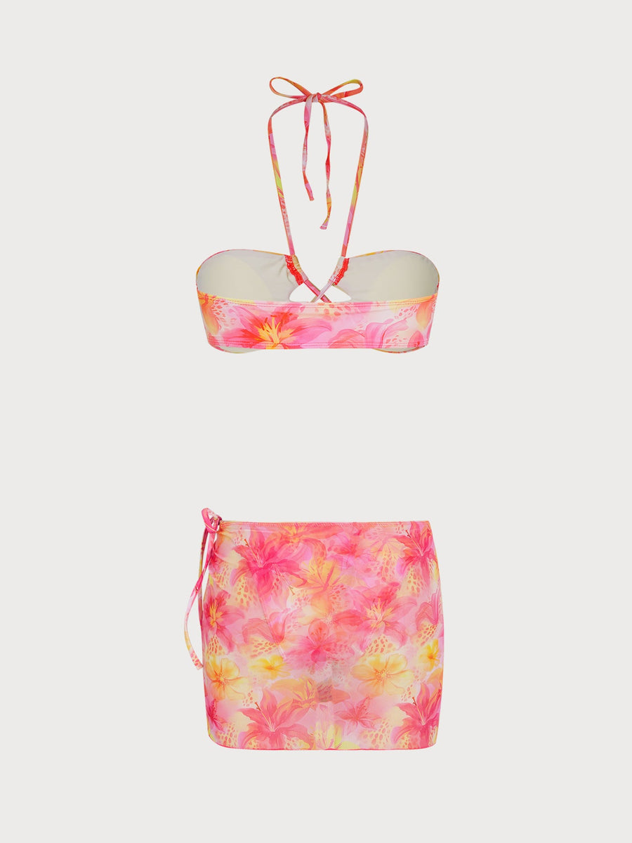 Pink O-Ring Floral Bikini Three-Piece Set
