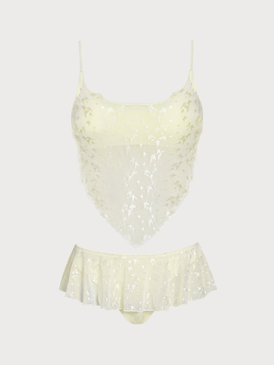 Off White Sheer Mesh Lace Butterfly Tankini Set