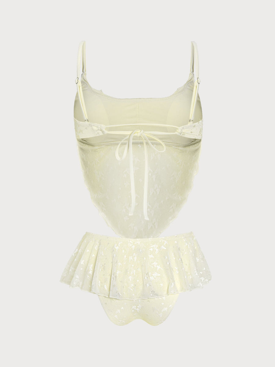 Off White Sheer Mesh Lace Butterfly Tankini Set