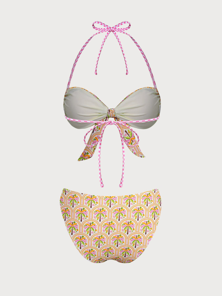 Yellow Floral Tree Print Contrast Twist Bikini Set