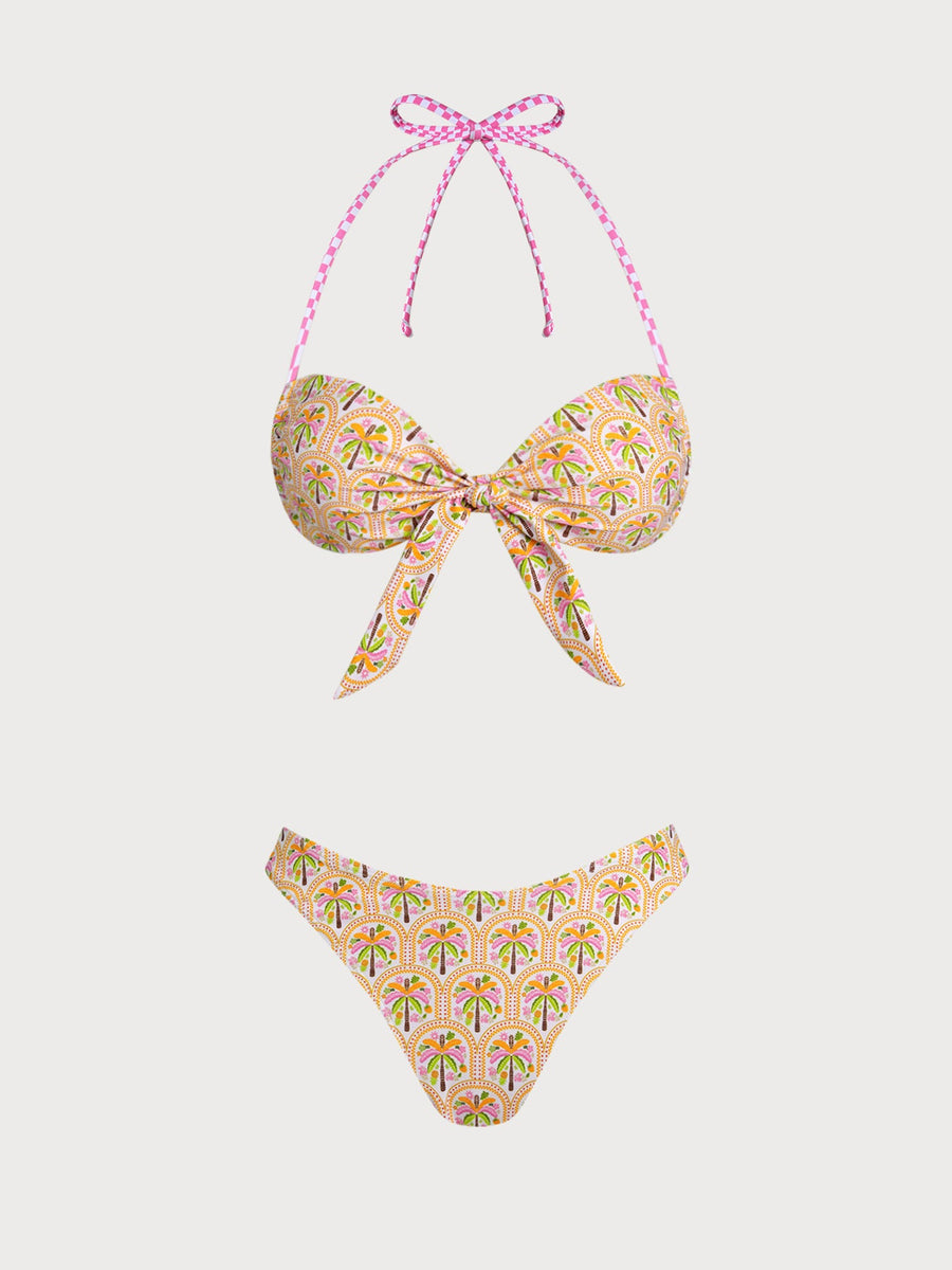 Yellow Floral Tree Print Contrast Twist Bikini Set