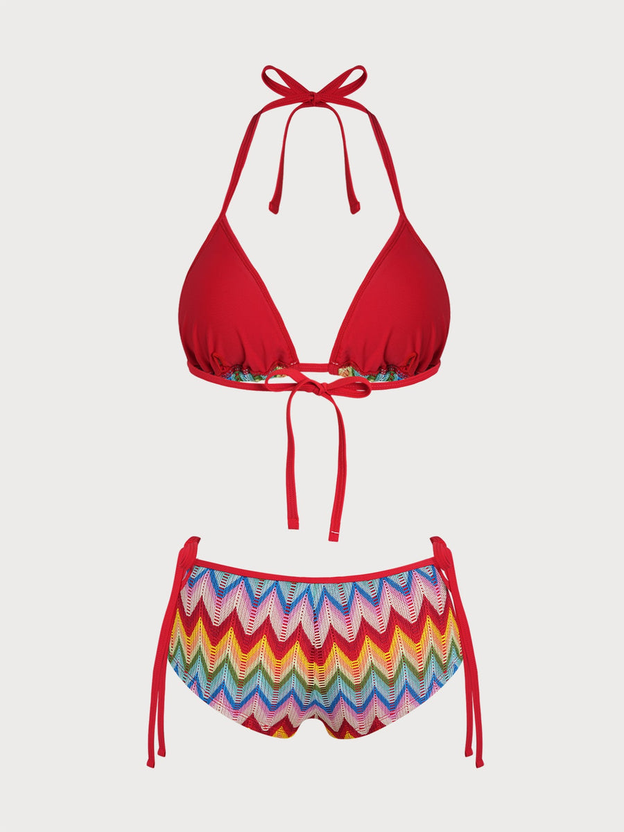 Red Vintage Striped Contrast Shorts Bikini Set