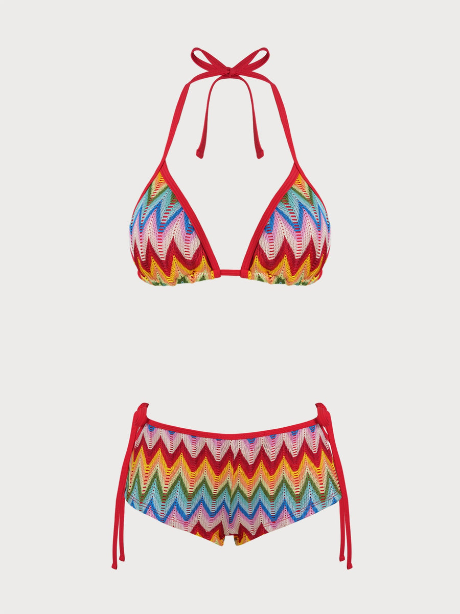 Red Vintage Striped Contrast Shorts Bikini Set