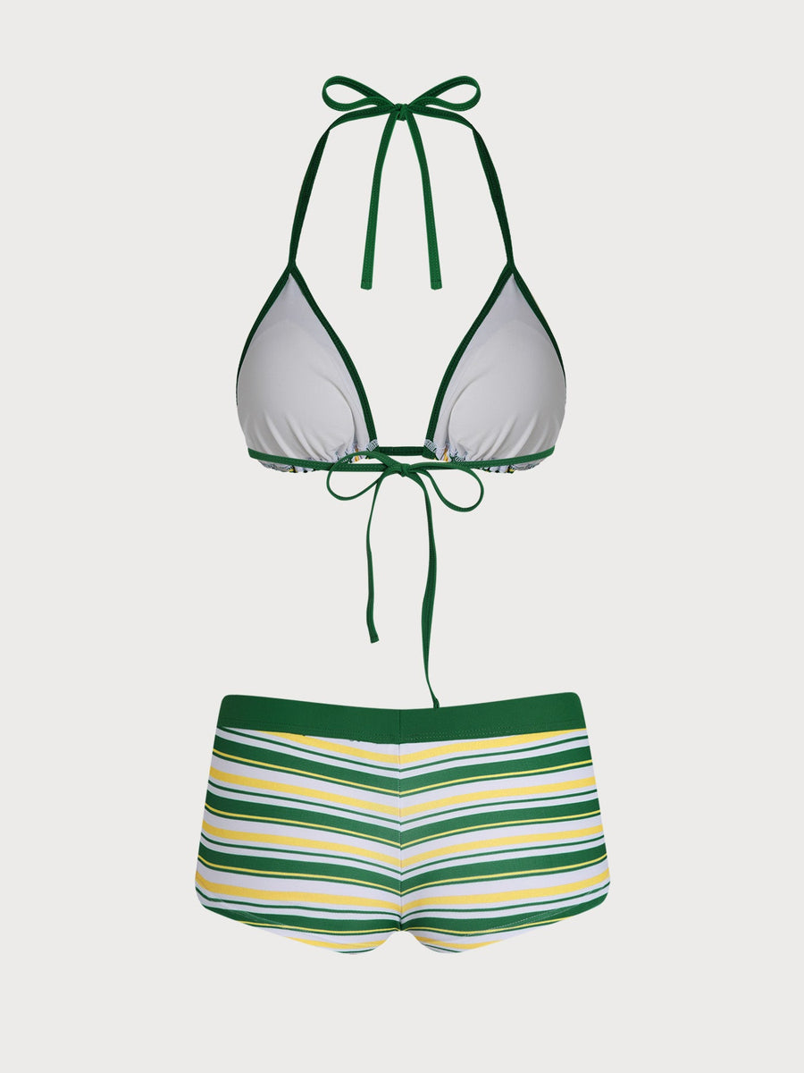 Green Striped Color Block Shorts Bikini Set