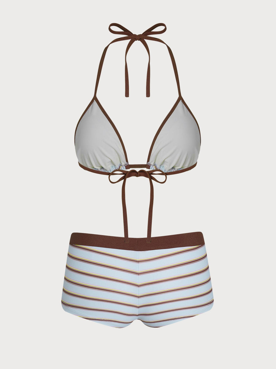 Coffee Striped Color Block Shorts Bikini Set