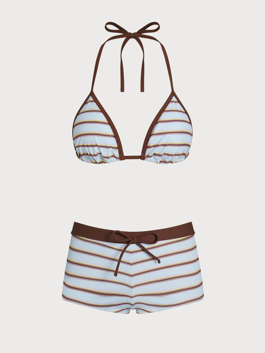 Green Striped Color Block Shorts Bikini Set