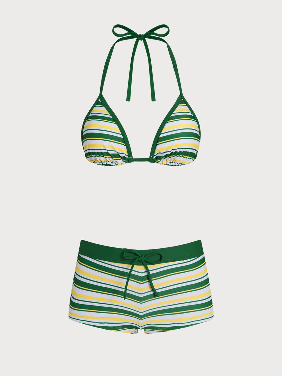 Green Striped Color Block Shorts Bikini Set