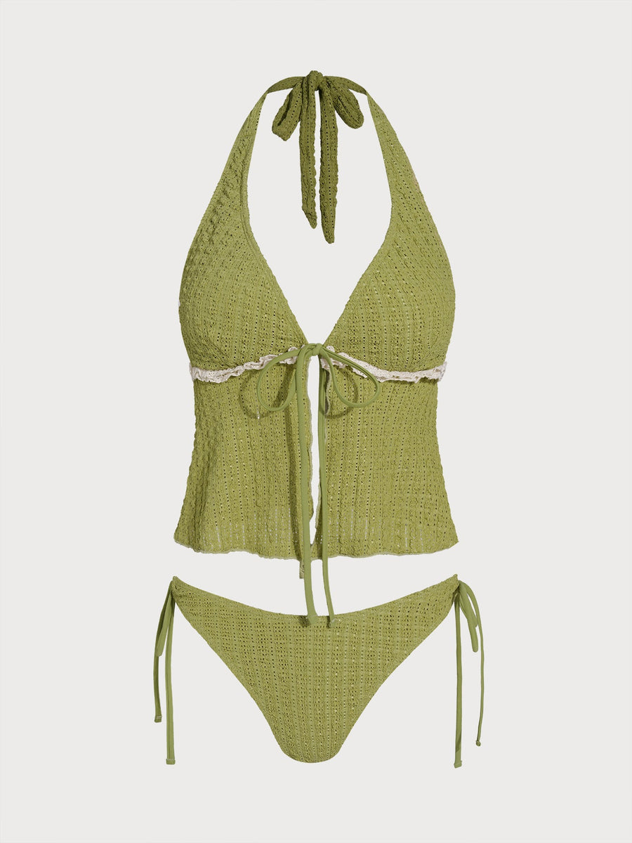 Green Contrast Lace Trim Tie-Front Tankini Set