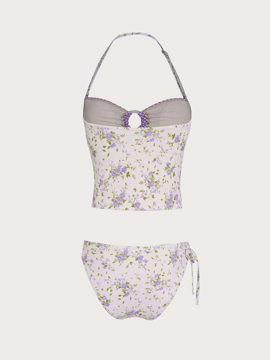 Purple Floral O-Ring Contrast Tankini Set