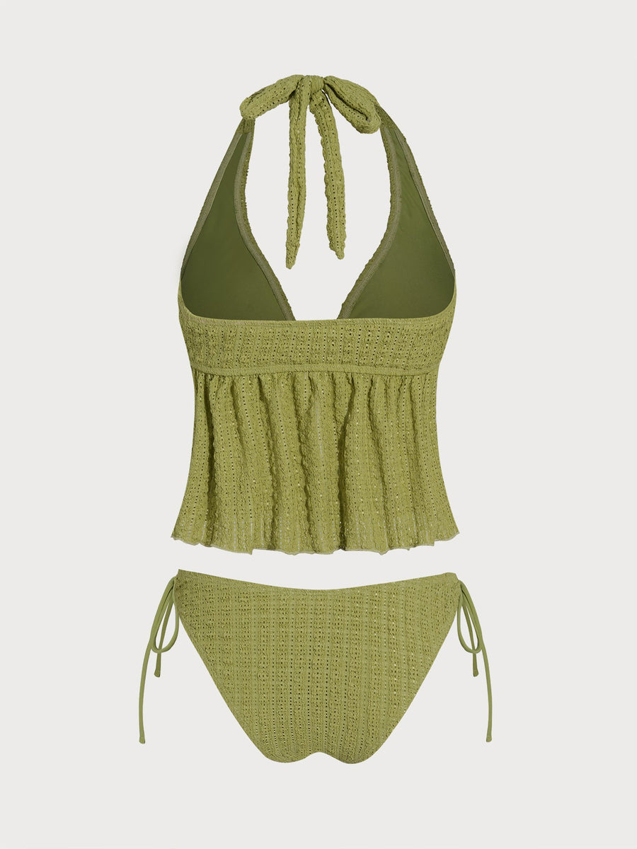 Green Contrast Lace Trim Tie-Front Tankini Set