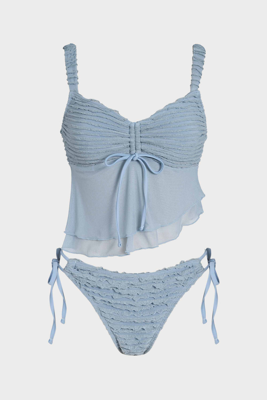 Dusty Blue Ruched Sheer Tankini Set