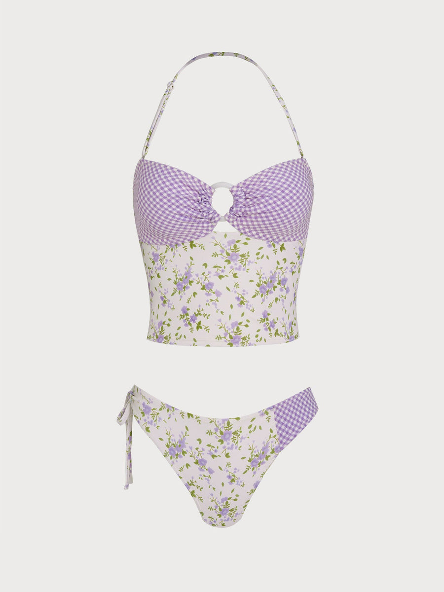 Purple Floral O-Ring Contrast Tankini Set
