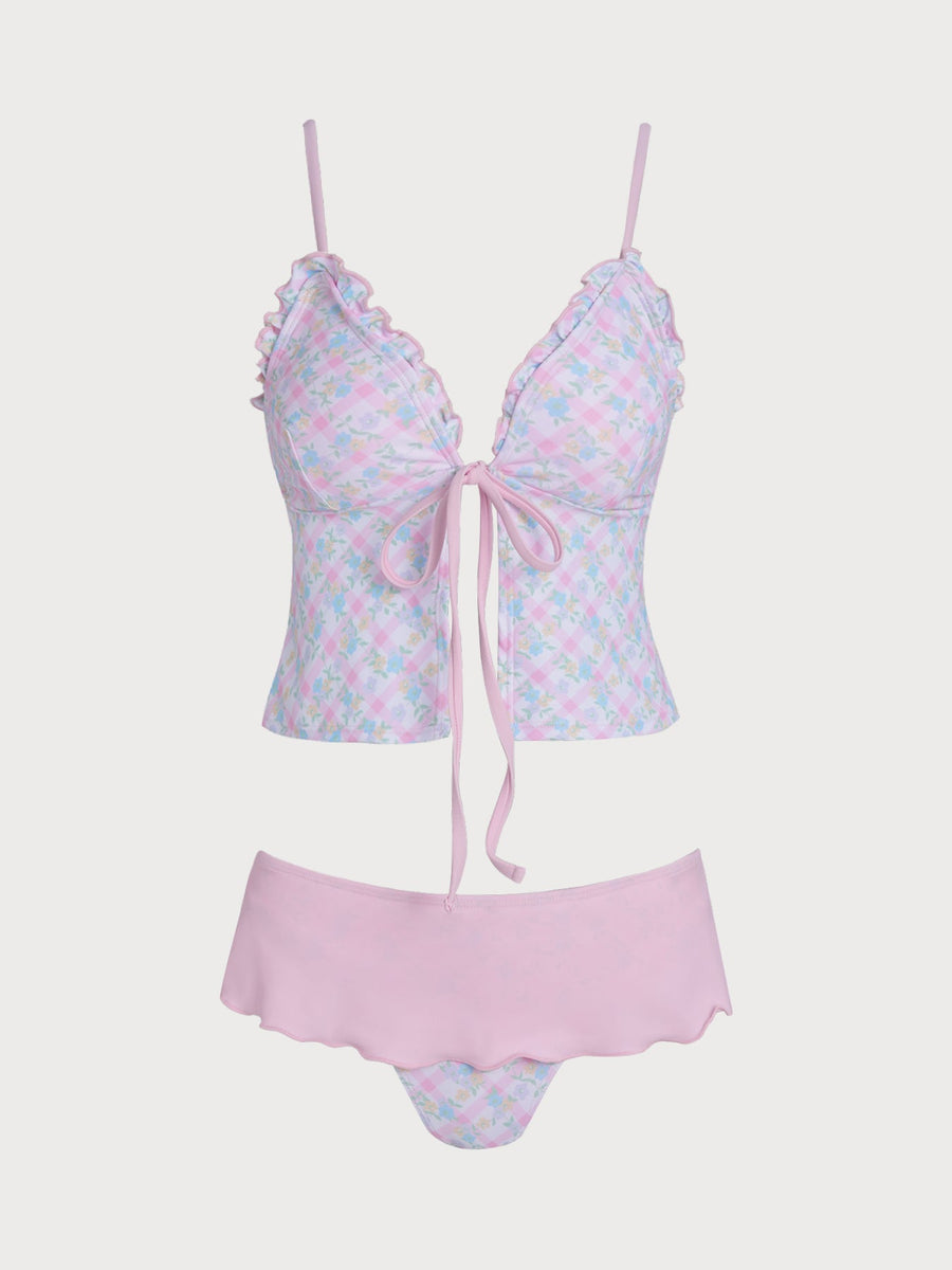 Pink Colorful Plaid Ruffle Tankini Set