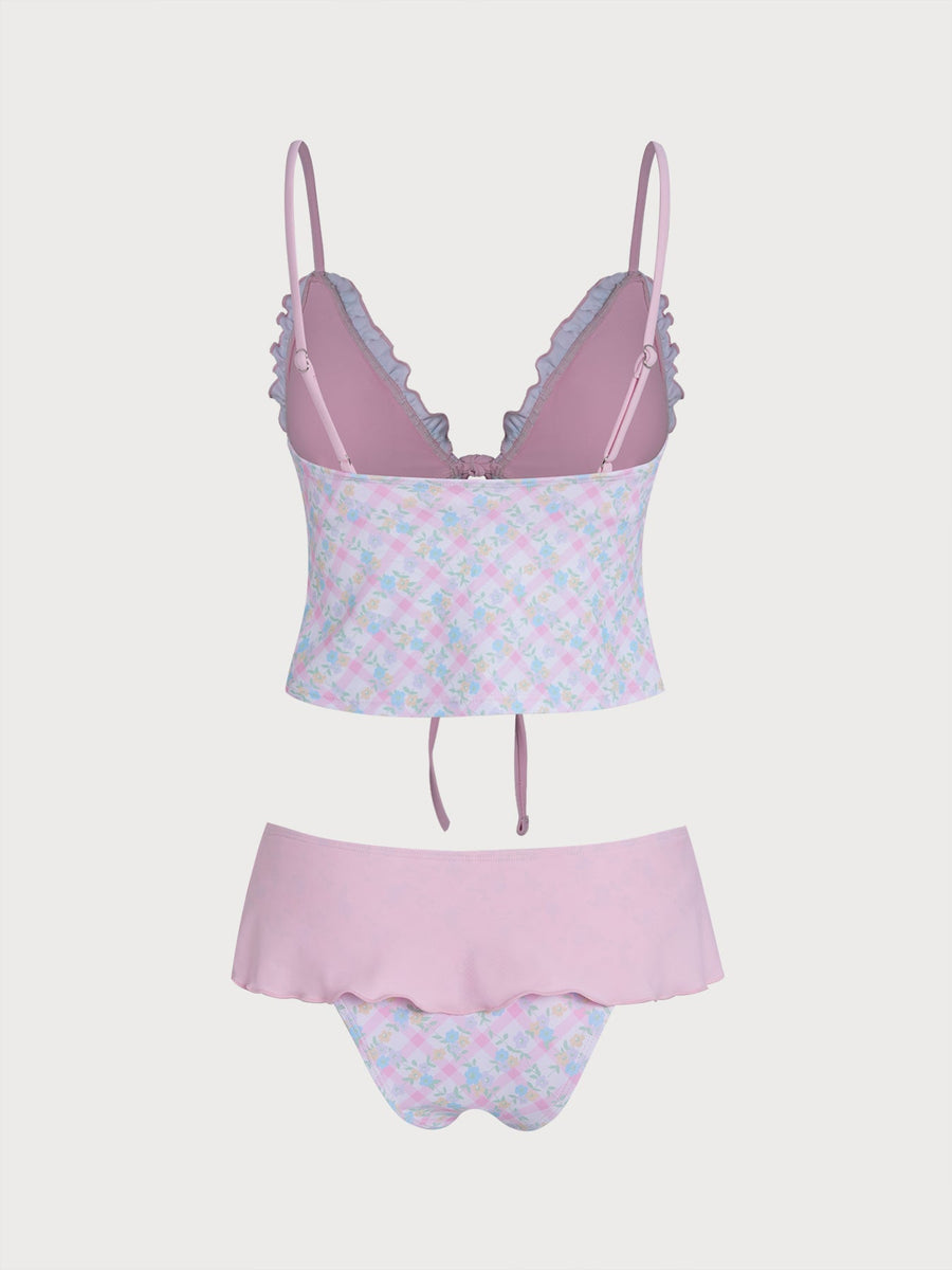 Pink Colorful Plaid Ruffle Tankini Set