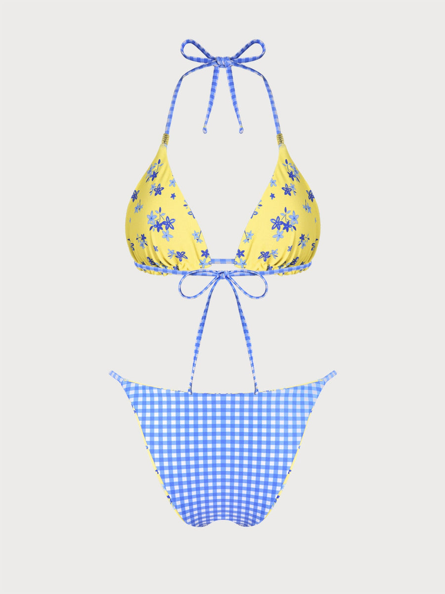 Yellow Reversible Contrast Plaid Bikini Set