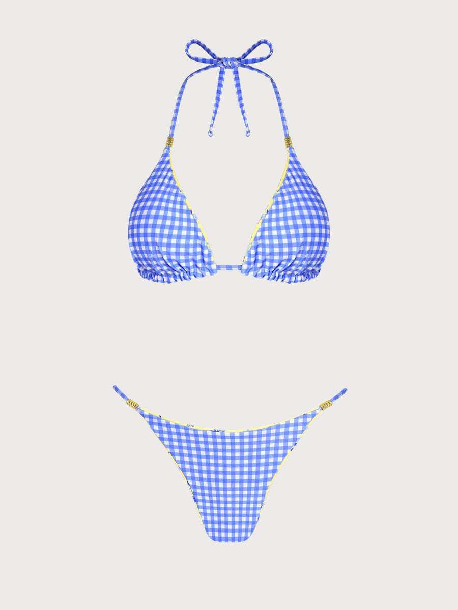 Yellow Reversible Contrast Plaid Bikini Set