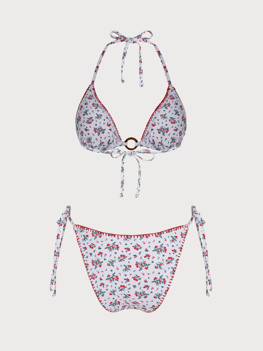 Red O-Ring Floral Contrast Bikini Set