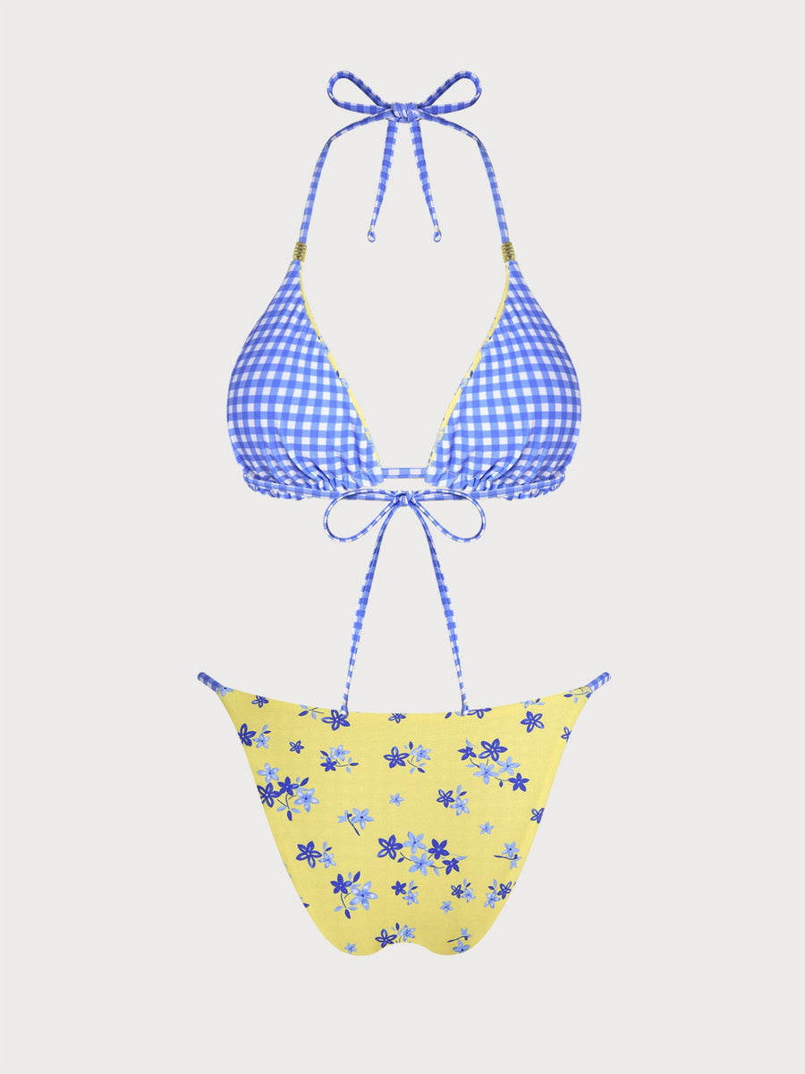 Yellow Reversible Contrast Plaid Bikini Set